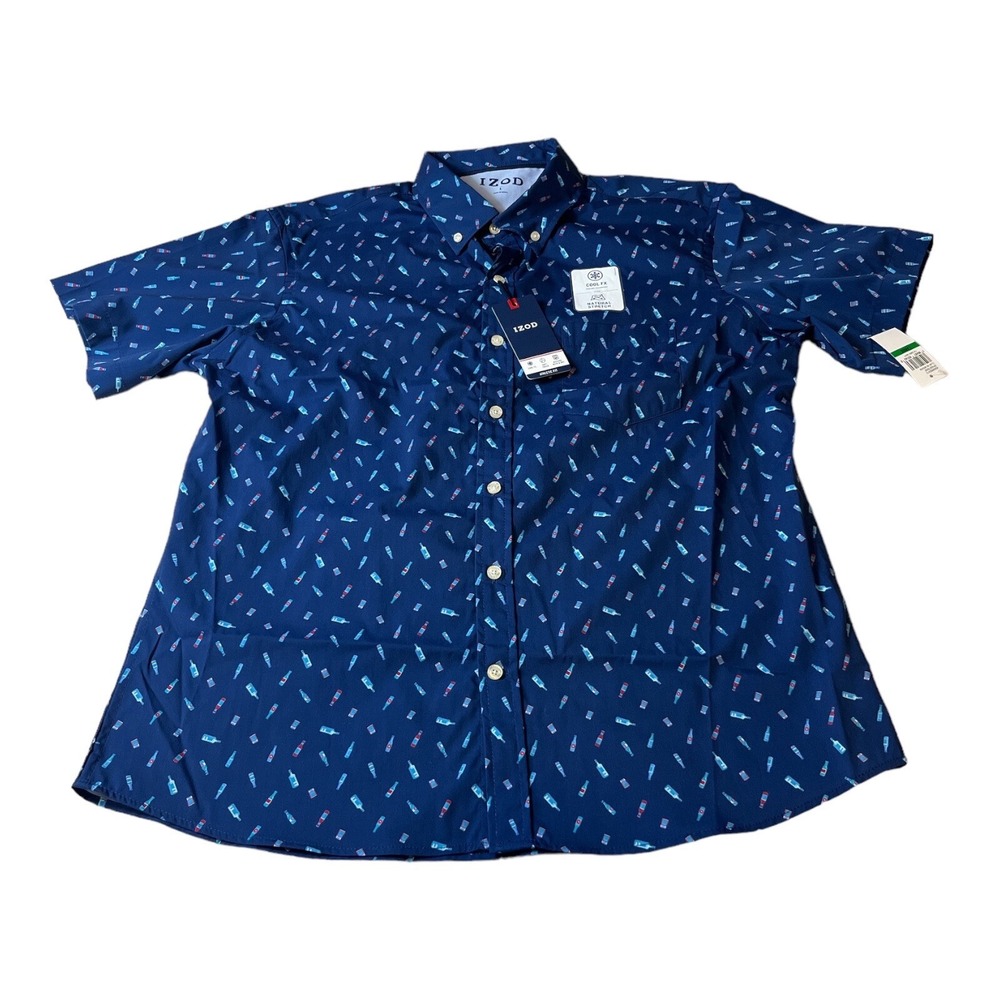 IZOD Men's Cocktail Print Button Down Shirt Medium Navy Athletic Fit $55 NWT